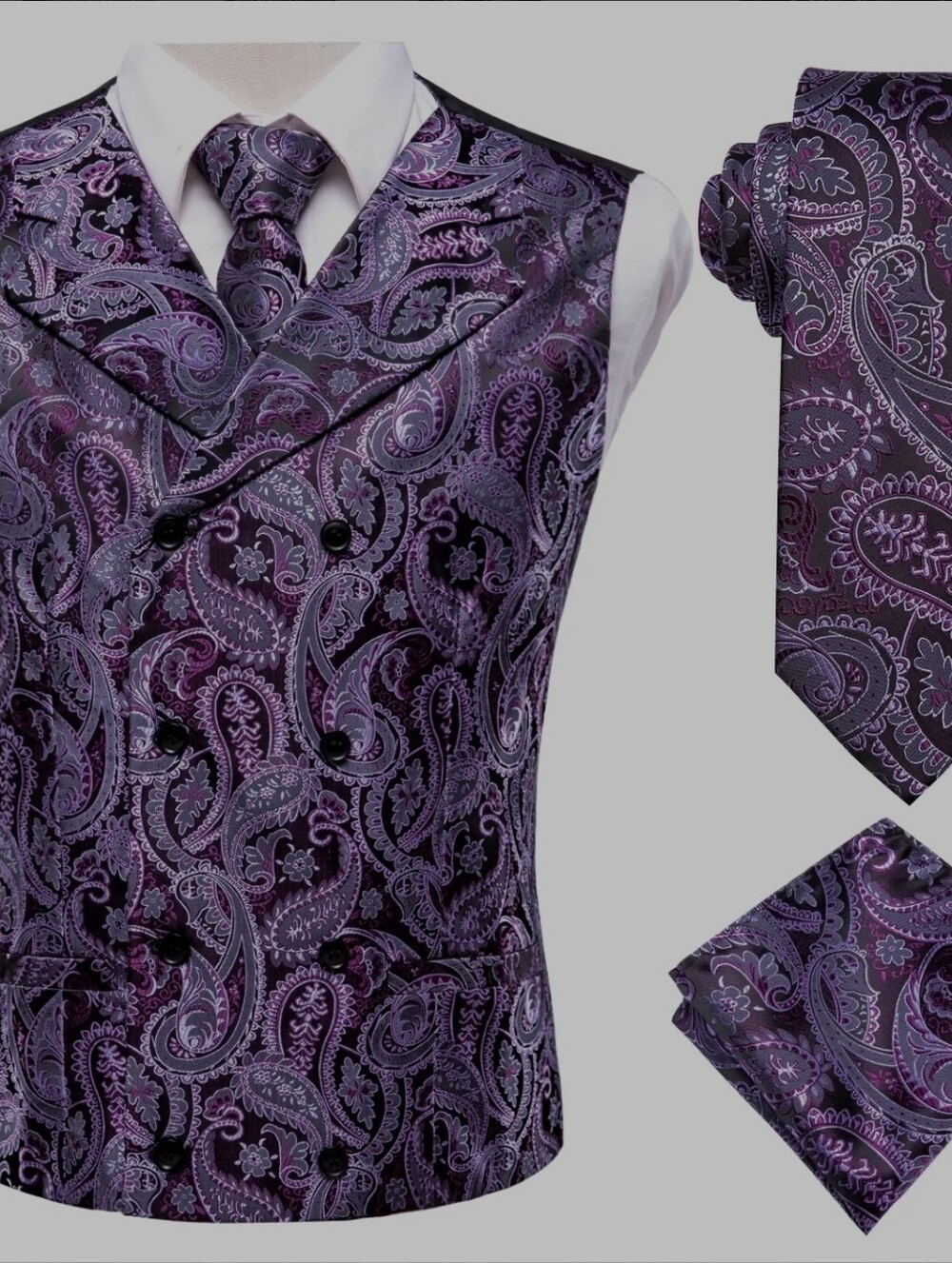 Purple Paisley Double-Breasted 4-Piece Vest Set